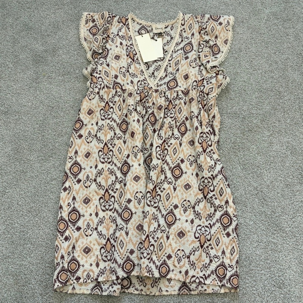 Dixie Dress Womens M Cream Burgundy Embroidered Ruffle Preppy Boho Cotton